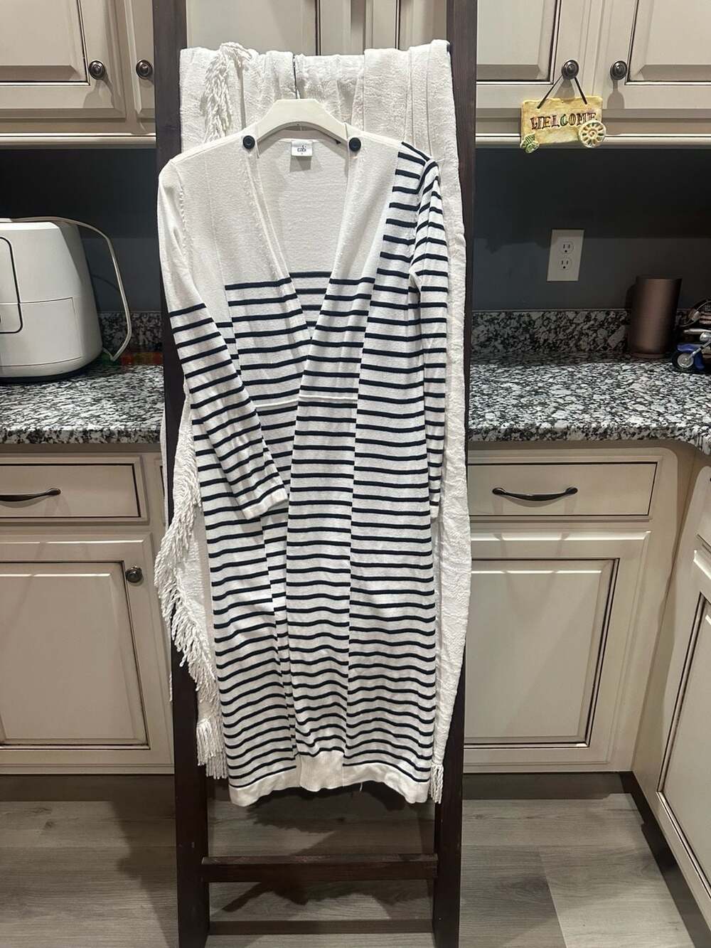 CAbi Striped Long Cardigan Size S White Navy Blue Duster Sweater